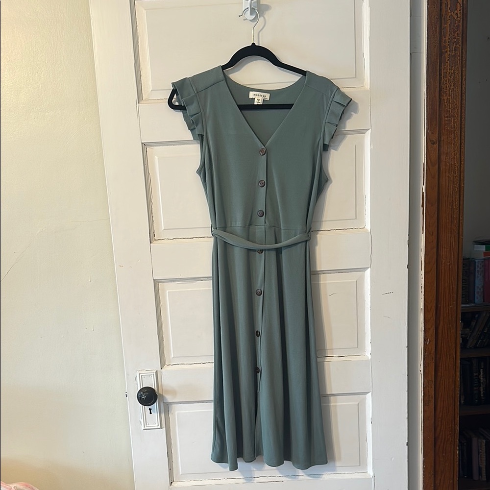 Green A-Line Midi Dress with Flutter Cap Sleeves